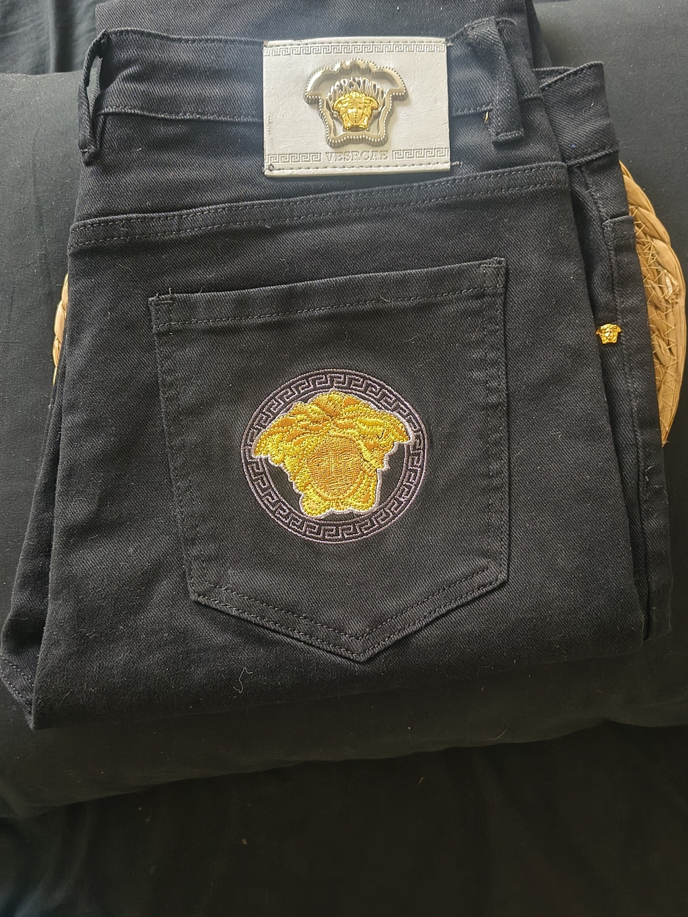 Men’s Black Jeans with Gold Medusa Embroidery Size 34